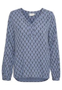 Blouse à manches longues bleu clair avec un motif en éventail noir. Présente un col en V et des poignets au niveau des poignets. Tissu doux et tissé.
