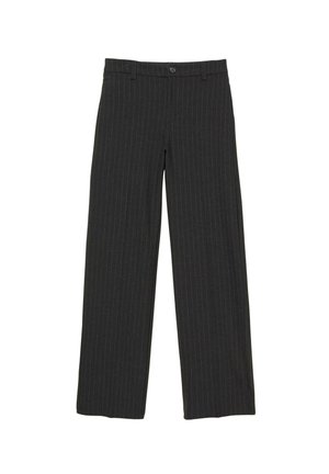 Kulsort brede bukser med diskrete striber. Stoffet virker glat med flad front, der har knaplukning og bæltestropper.