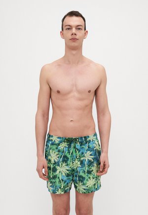 Shorts de bain pour hommes avec un motif de feuilles de palmier tropicales en vert et bleu, fabriqués en tissu léger, avec une taille élastique et un cordon de serrage.