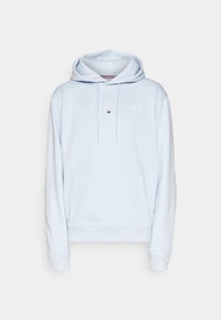 Světlomodrá mikina s kapucí, přední kapsou, stahovací šňůrkou a bílým logem "TOMMY JEANS". Měkká látka s žebrovanými manžetami a lemem.