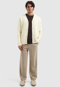 Man met krullend haar, gekleed in een gebuttonde cardigan in off-white, een donkerbruine shirt, beige broek en lichtbruine schoenen, staande met één hand in zijn zak.