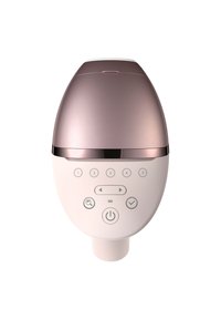 Appareil de forme arrondie, semblable à un œuf, en blanc brillant et or rose, avec cinq boutons de contrôle, un bouton d'alimentation et une finition élégante.