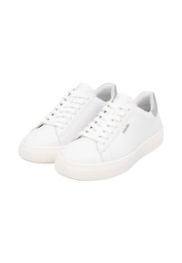 White leather sneakers with a smooth finish, round toe, lace-up front, and silver accents at the heel and tongue. Lightweight rubber sole.