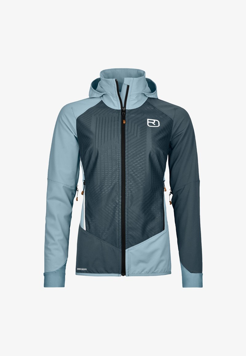 Kapuzejacke in einer Mischung aus hellblau und dunkelblau. Mit einem Reißverschluss vorne, strukturierten Paneelen und zwei seitlichen Reißverschlusstaschen.