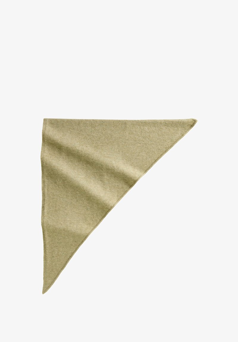 Groene driehoekige sjaal gemaakt van een zacht, gestructureerd materiaal met een gladde afwerking. Heeft een gevouwen rand en een puntig ontwerp.