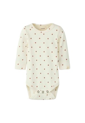 Body bébé crème à manches longues avec petits motifs pommes marron et trois pressions en bas pour la fermeture.