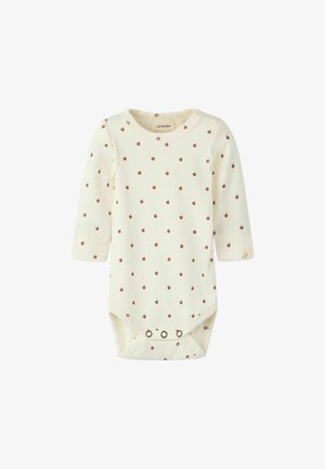 Body bébé crème à manches longues avec petits motifs pommes marron et trois pressions en bas pour la fermeture.