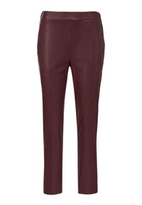 Bordeaux neplederen broek met een gladde textuur, slim fit en een elastische tailleband; enkel-lang zonder zichtbare hardware of accenten.