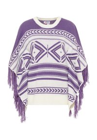 Poncho tricotat violet și alb, cu modele geometrice, detalii cu ciucuri pe margine și gât rotund. Textură moale.