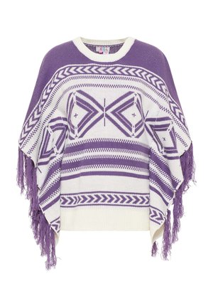 Lilla ja valge kootud ponšo geomeetriliste mustritega, äärega fringi detailid ja ümmargune kaelus. Pehme tekstuur.