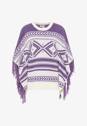 Lilla ja valge kootud ponšo geomeetriliste mustritega, äärega fringi detailid ja ümmargune kaelus. Pehme tekstuur.