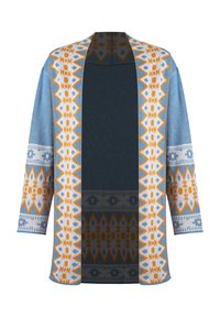 Strickjacke mit offenem Vorderteil und langen Ärmeln, mit einem blauen Grundton, geometrischen Mustern in Orange und Grau und einer weichen Textur.