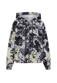 Chaqueta con capucha y cremallera con estampado floral abstracto en negro, gris y amarillo pálido, puños elásticos y capucha con cordón ajustable.