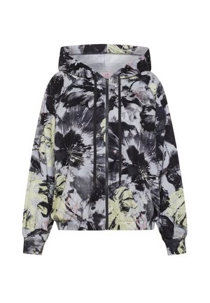 Chaqueta con capucha y cremallera con estampado floral abstracto en negro, gris y amarillo pálido, puños elásticos y capucha con cordón ajustable.