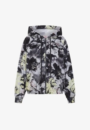 Chaqueta con capucha y cremallera con estampado floral abstracto en negro, gris y amarillo pálido, puños elásticos y capucha con cordón ajustable.