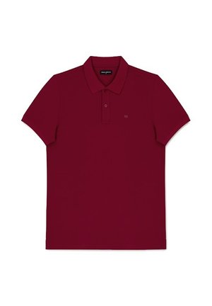 Bordowa koszulka polo z krótkim rękawem, z dwoma guzikami i małym haftowanym logo na lewej piersi.