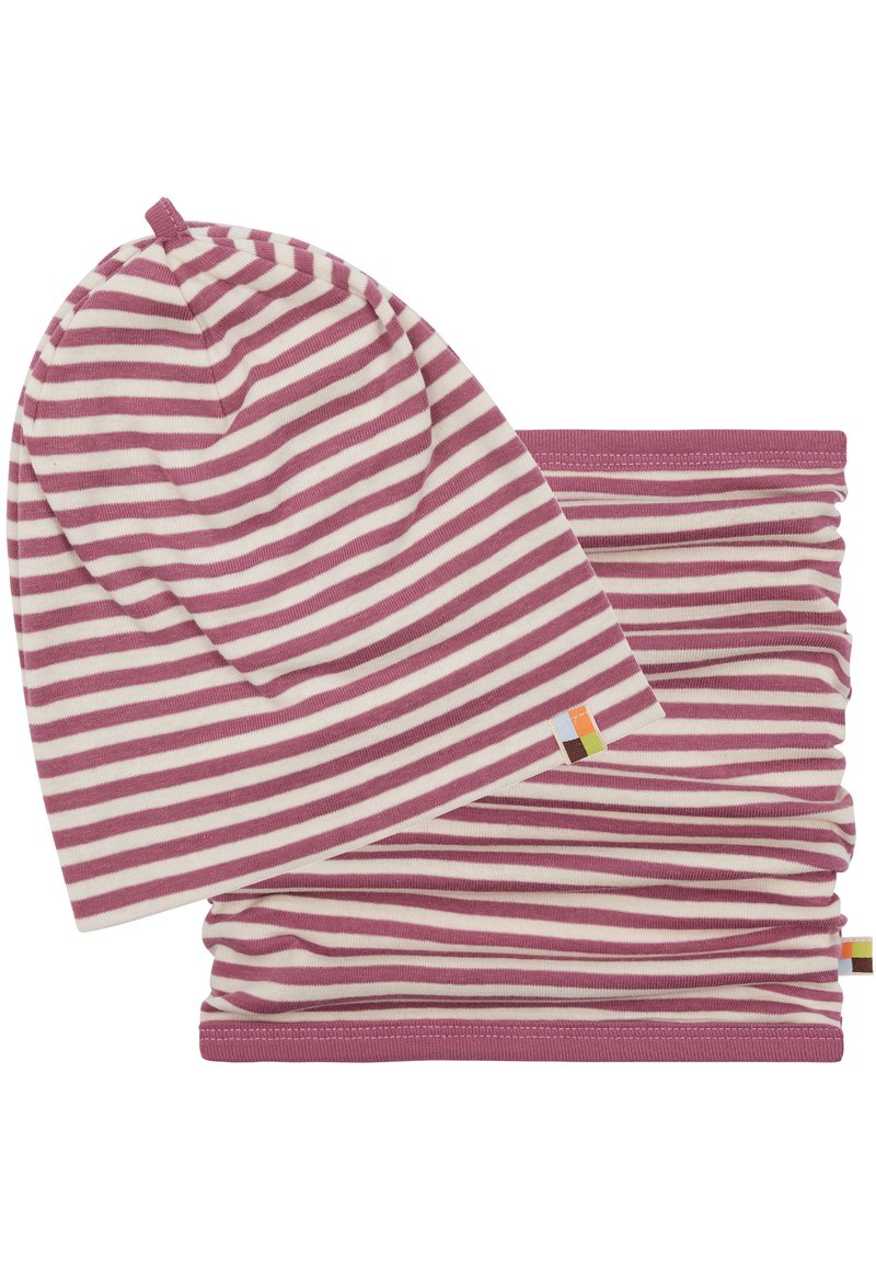 Set di berretto a righe e scaldacollo in morbido misto cotone, con righe alternate rosa chiaro e rosa scuro e piccoli tag con marchio.