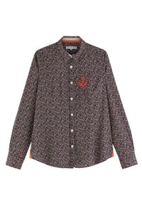 Chemise à manches longues en tissu foncé avec un petit motif floral. Présente un logo d'ancre brodé rouge et des accents latéraux orange contrastants.