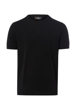 Maglione nero a maniche corte con scollo tondo, polsini e orlo a coste, con etichetta Ragman sul colletto.