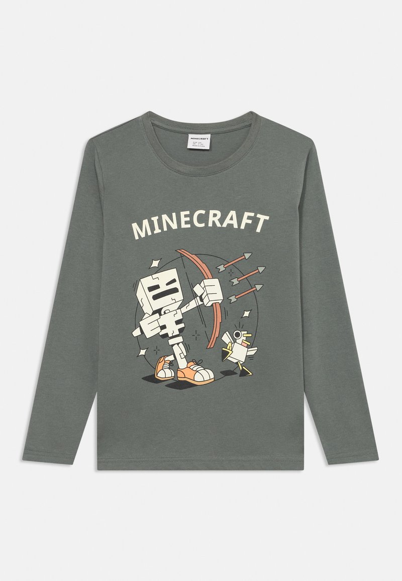 Dark green long-sleeve t-shirt featuring a Minecraft character with a bow and arrows, graphic print, and round neck design.