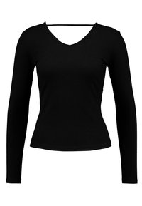 Mustassa pitkähihaisessa paidassa on uritettu pinta, V-pääntie ja istuva siluetti. Yksinkertainen muotoilu ilman lisäkuvioita tai -koristeita.