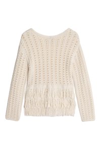 Sweter dzianinowy w kolorze ecru z fakturowaną, prążkowaną górną częścią oraz luźno tkanym dolnym odcinkiem z frędzlami. Długie rękawy i szeroki dekolt.