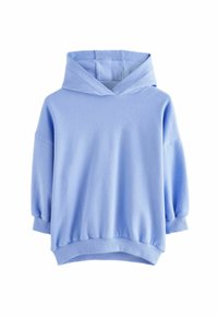 Haut à capuche bleu clair avec cordon de serrage, coupe ample et poignets côtelés. Fabriqué en tissu doux avec une texture lisse.