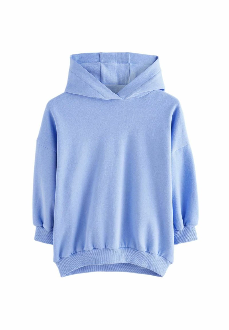 Haut à capuche bleu clair avec cordon de serrage, coupe ample et poignets côtelés. Fabriqué en tissu doux avec une texture lisse.