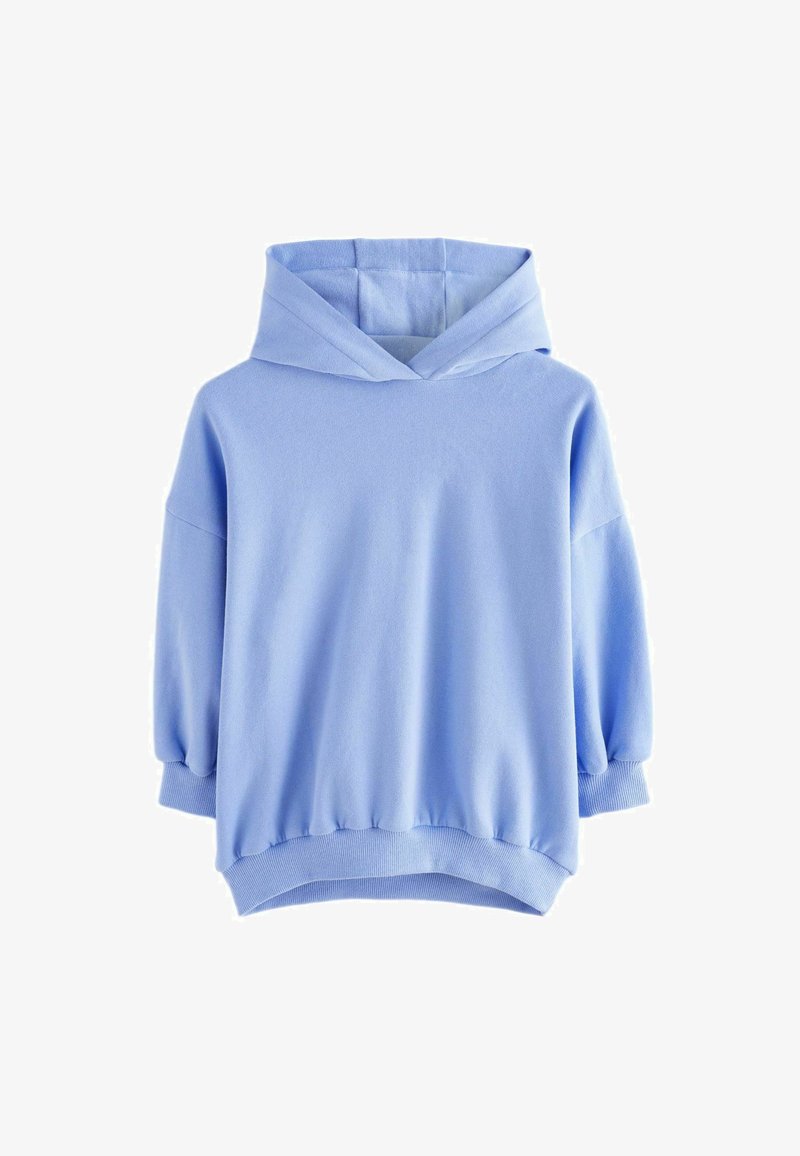 Felpa leggera blu con cappuccio a coulisse, vestibilità ampia e polsini a coste. Realizzata in tessuto morbido con una consistenza liscia.