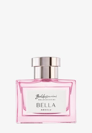 Różowa, prosta butelka perfum z srebrną nakrętką, na której znajduje się napis "Baldessarini Bella Absolu", na białym tle.
