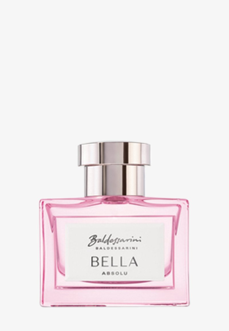 Pink rectangular perfume bottle with a silver cap labeled "Baldessarini Bella Absolu" on a white background.
