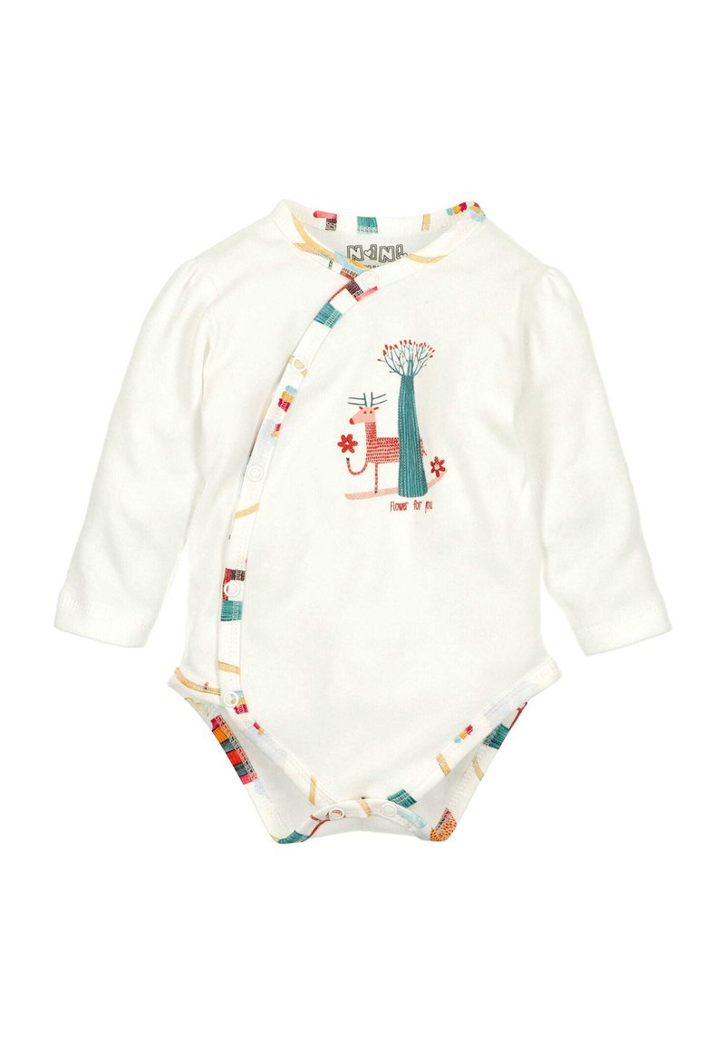 Langarmige witte bodysuit met een multicolore geprinte rand. Bevat een geborduurde afbeelding van een kat en bloemen. Gemaakt van zachte katoen.
