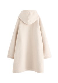 Beżowy polarowy hoodie o miękkim, teksturowanym wykończeniu, z kapturem i luźnym fasonem, długimi rękawami oraz prostym dołem.