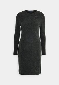 Abito a maniche lunghe in maglia grigia scura. Presenta un collo rotondo e una silhouette aderente, con un orlo dritto all'altezza del ginocchio.