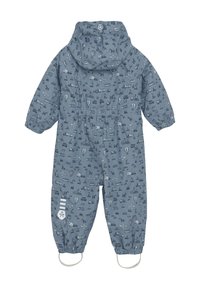 Barns blå vattentålig overall med mönster av fordon och ballonger, elastiska ärmslut, avtagbar huva och fotremmar.