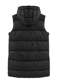 Czarna pikowana kamizelka z kapturem, z przeszywanymi liniami i gładką fakturą, zaprojektowana dla ciepła i warstwowego ubioru. Brak widocznych zapięć z przodu.