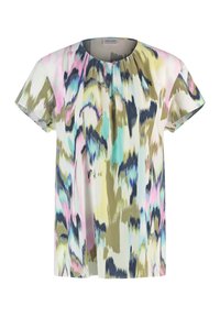 Blouse à manches courtes multicolore avec un motif abstrait en vert, rose, bleu et crème; encolure ronde avec un petit détail de bouton.