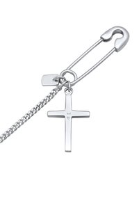 Silverhalsband med ett enkelt korshänge och en säkerhetsnål-design. Kedjan har en strukturerad länkstil; ingraverad detalj på korset.
