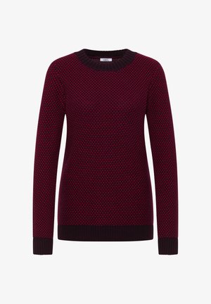 Jersey de punto en burdeos oscuro con un patrón texturizado. Presenta un cuello redondo y mangas largas con puños y remate acanalados.