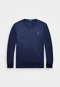 Marinblå långärmad t-shirt gjord av lättviktig tyg med rund hals, med en liten broderad logotyp på vänster bröst.