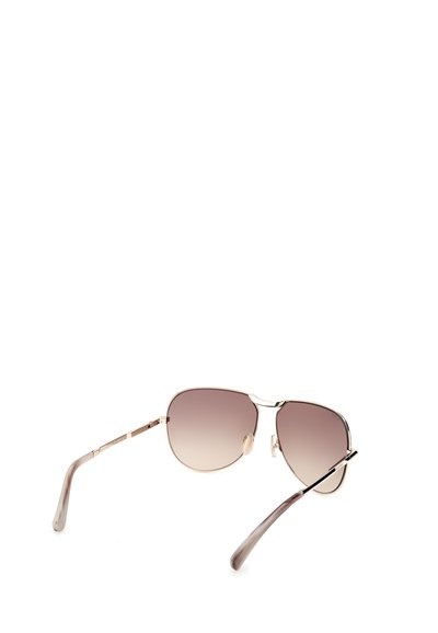Occhiali da sole aviator con montatura in metallo dorato, lenti marroni sfumate e sottili terminali in plastica color marrone.
