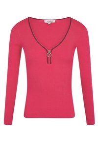 Różowa bluzka z długim rękawem z prążkowanej tkaniny, z głębokim dekoltem w serek i suwakiem ozdobionym okrągłym metalowym pierścieniem. Teksturowana tkanina z kontrastowymi szwami.