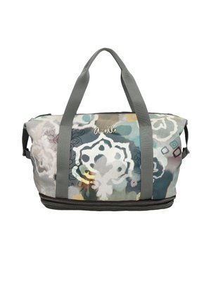 Sac de week-end en toile avec un motif floral abstrait dans des tons de bleu atténués, de gris et de jaune, offrant des poignées grises et le nom "Anekke" à l'avant.