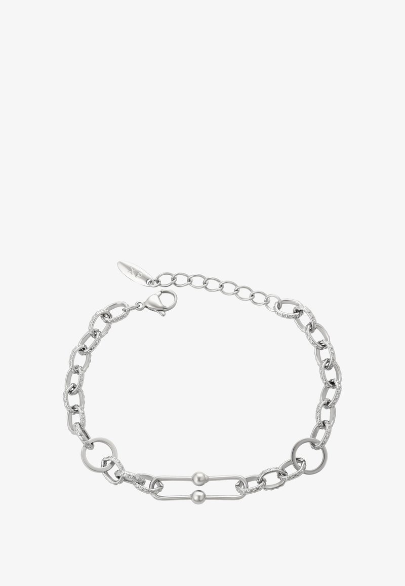 Silberne Kettenarmband mit abwechselnd glatten und strukturierten ovalen Gliedern, ausgestattet mit zwei kleinen runden Perlen an einem Stangendetail und einem Karabinerverschluss.