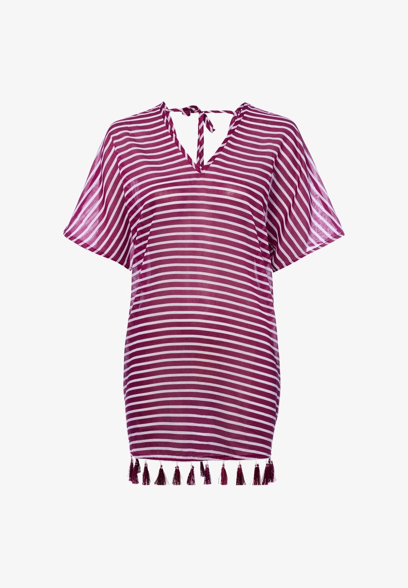 Kortermige tuniek met horizontale bordeauxrode en witte strepen, V-hals met strik en franjes aan de zoom.