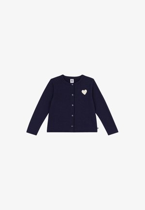 Marineblauer Langarm-Cardigan mit Vorderknöpfen und einem kleinen weißen Herz-Emblem auf der oberen linken Seite.