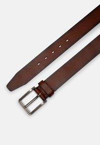 Brown leather belt with a silver metal buckle, featuring multiple holes for adjustment and a smooth, flat texture.