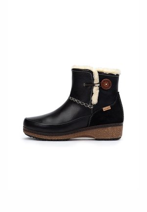 Bottes noires en cuir à la cheville avec un col en fausse fourrure, des coutures décoratives, un accent de bouton sur le côté et une semelle en liège texturée.