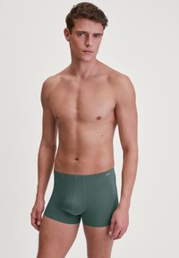 Groene stretch katoenen boxershorts met een strakke pasvorm, brede tailleband en een gladde textuur. De merknaam is zichtbaar op de tailleband.