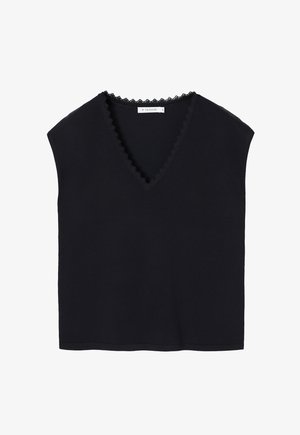 Black short-sleeve top with a V-neck and scalloped lace trim. Made of soft fabric, featuring a relaxed fit and straight hemline. Size S.